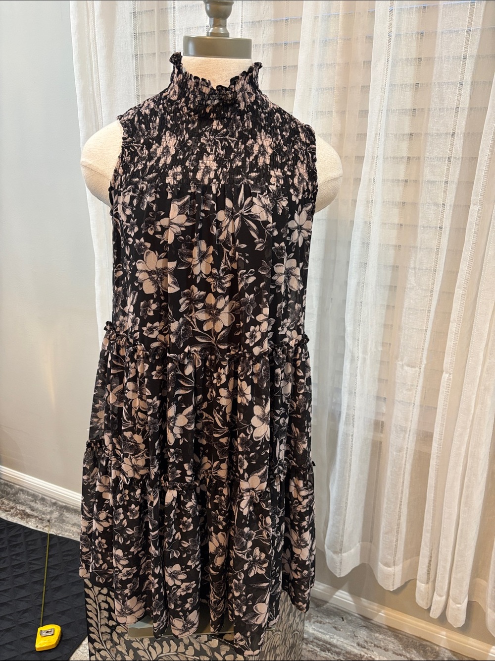 Just...Taylor Black and Cream Floral Smocked High-Neck Tiered Midi Dress